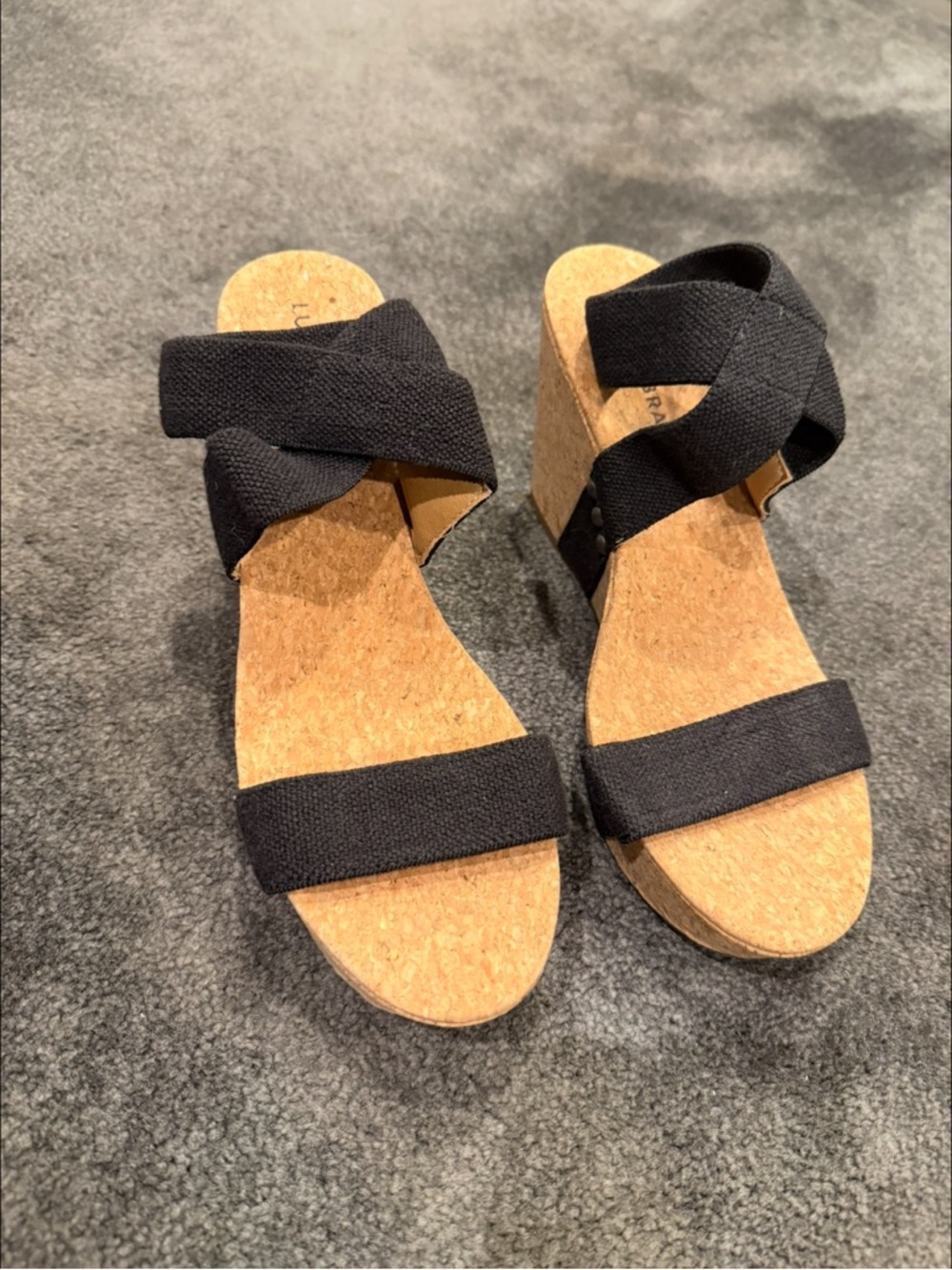 Lucky Brand Black Cork Wedge Sandals with Crisscross Straps